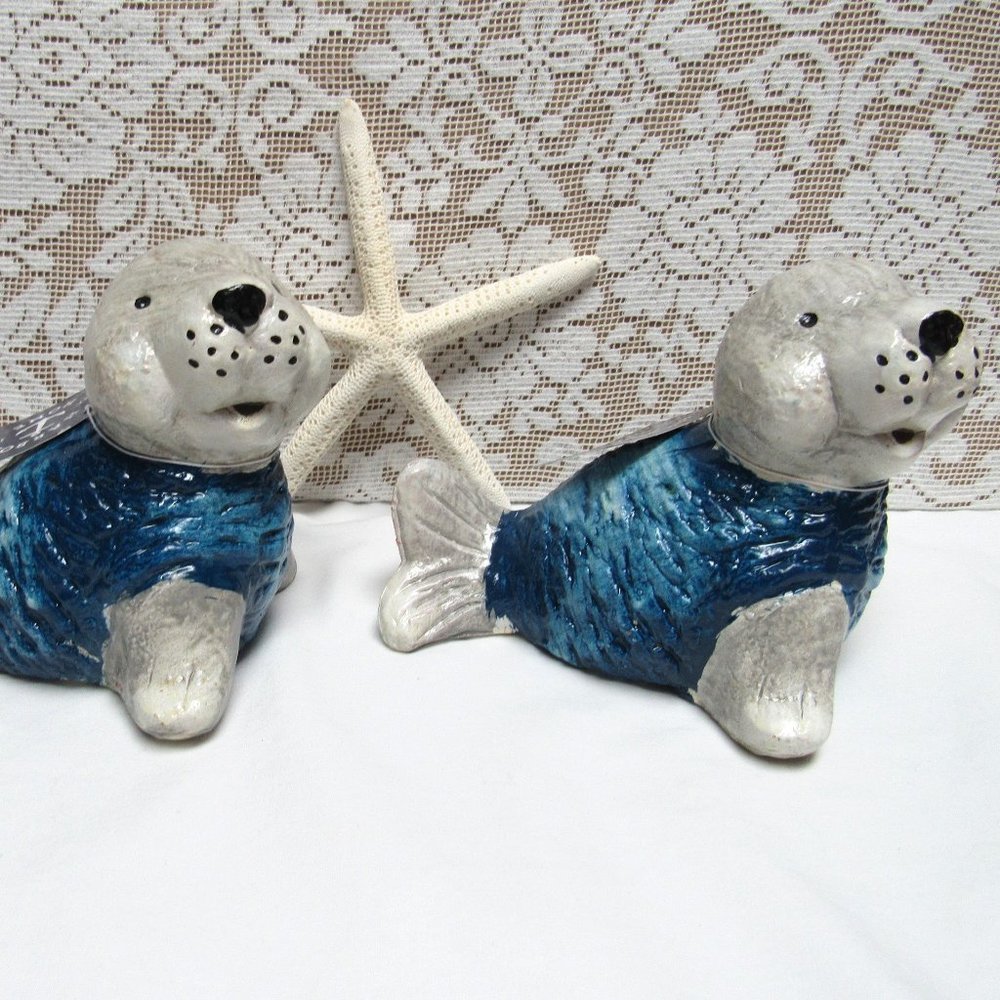 SEAL PUP Ceramic Coastal Decor SET of 2 Figurines Blue and White Smiling Cute